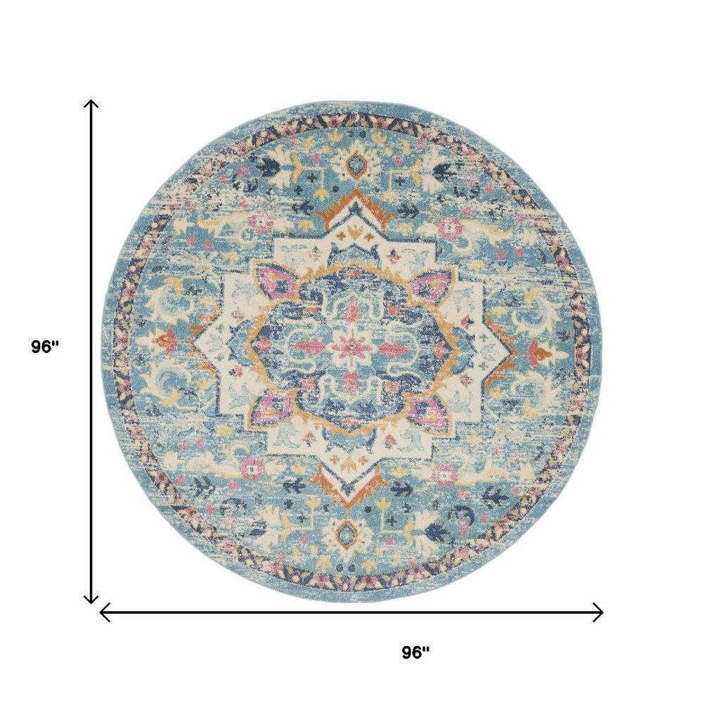 8' Ivory And Blue Oriental Distressed Round Rug