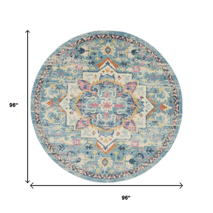 8' Ivory And Blue Oriental Distressed Round Rug