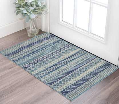 8' Navy Blue And Ivory Southwestern Runner Rug