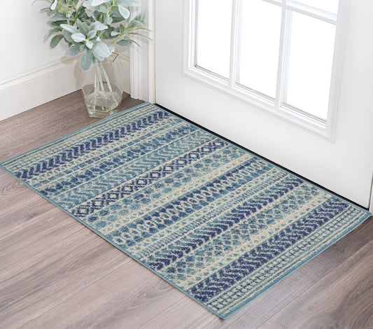 8' Navy Blue And Ivory Southwestern Runner Rug