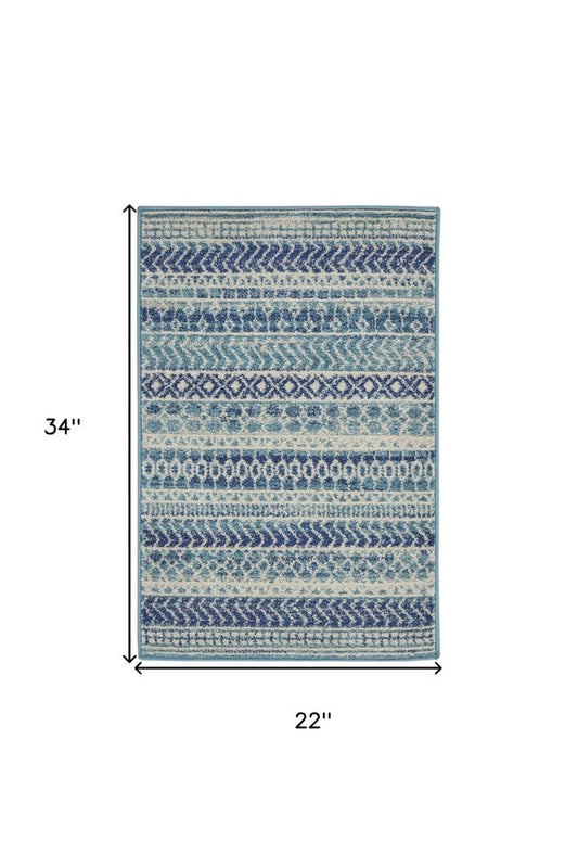 2' X 3' Blue And Ivory Striped Area Rug