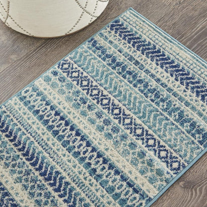 8' Navy Blue And Ivory Southwestern Runner Rug