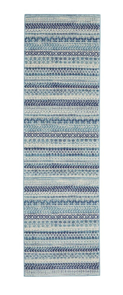 8' Navy Blue And Ivory Southwestern Runner Rug