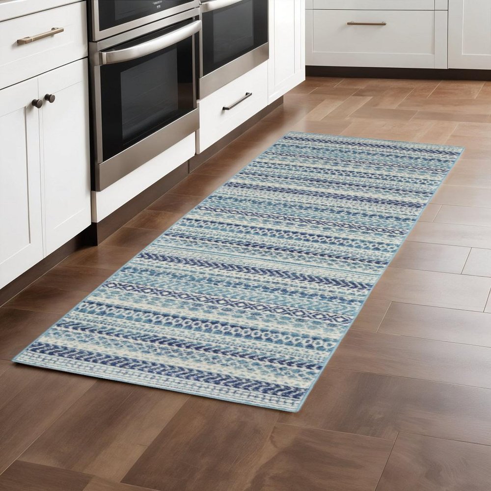 8' Navy Blue And Ivory Southwestern Runner Rug