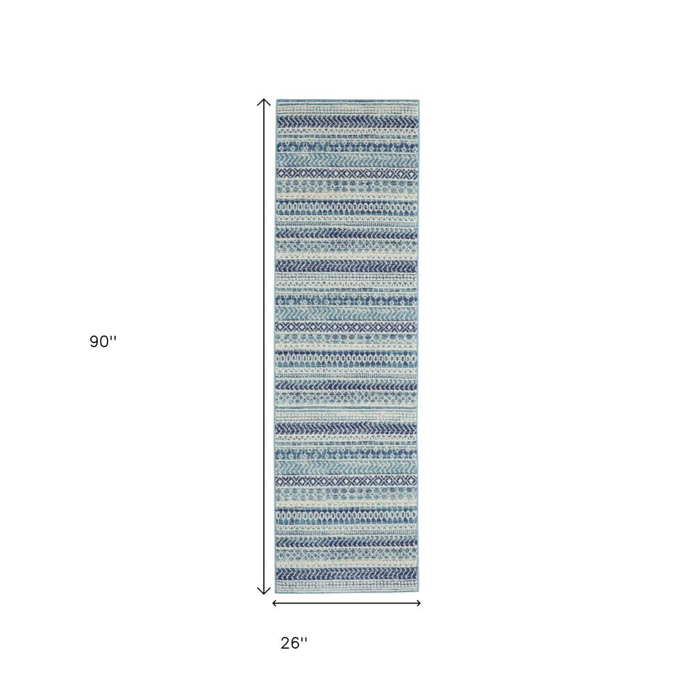 8' Navy Blue And Ivory Southwestern Runner Rug