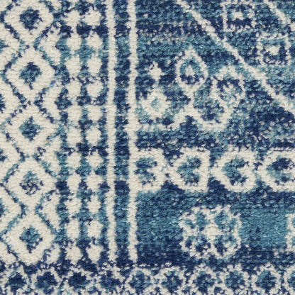 8' Navy Blue And Ivory Tribal Runner Rug