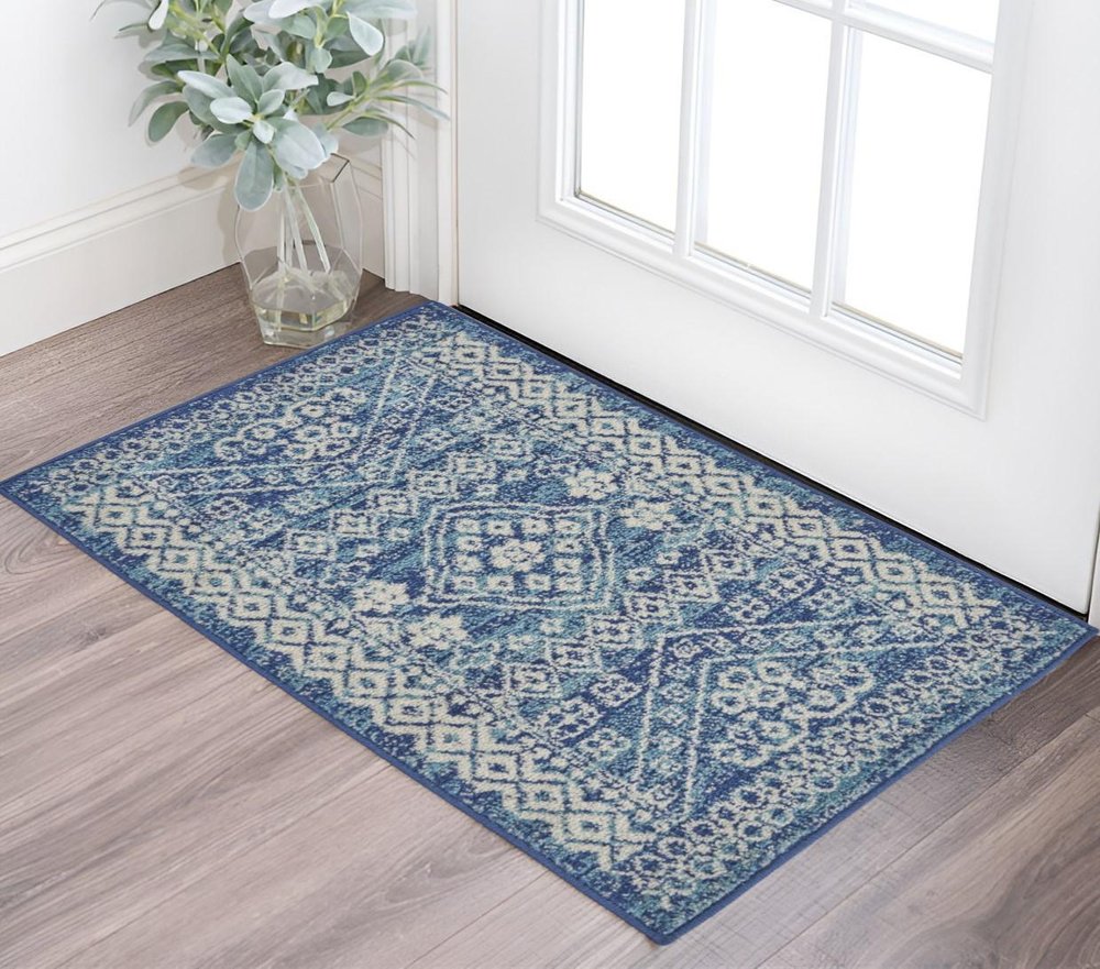8' Navy Blue And Ivory Tribal Runner Rug