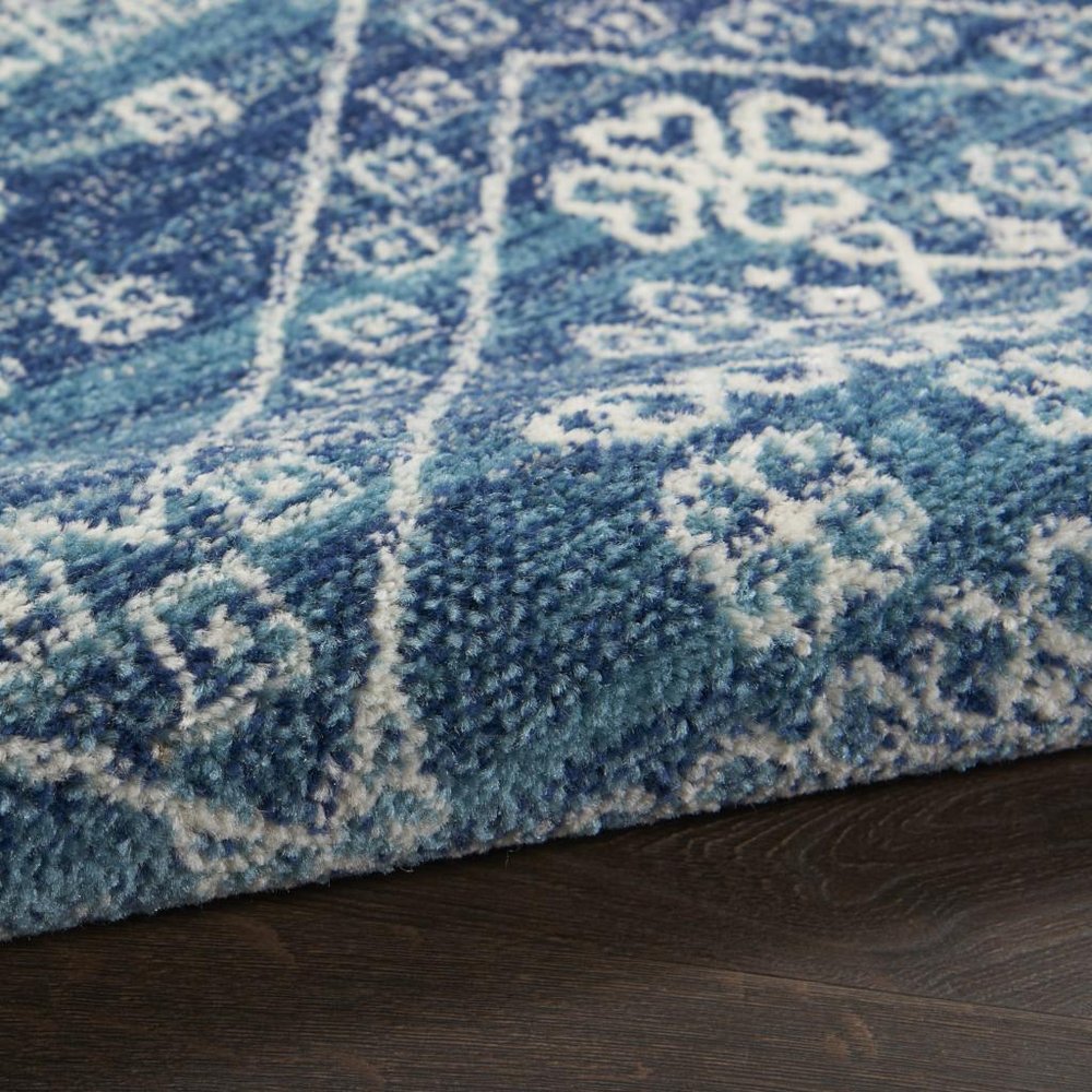 8' Navy Blue And Ivory Tribal Runner Rug