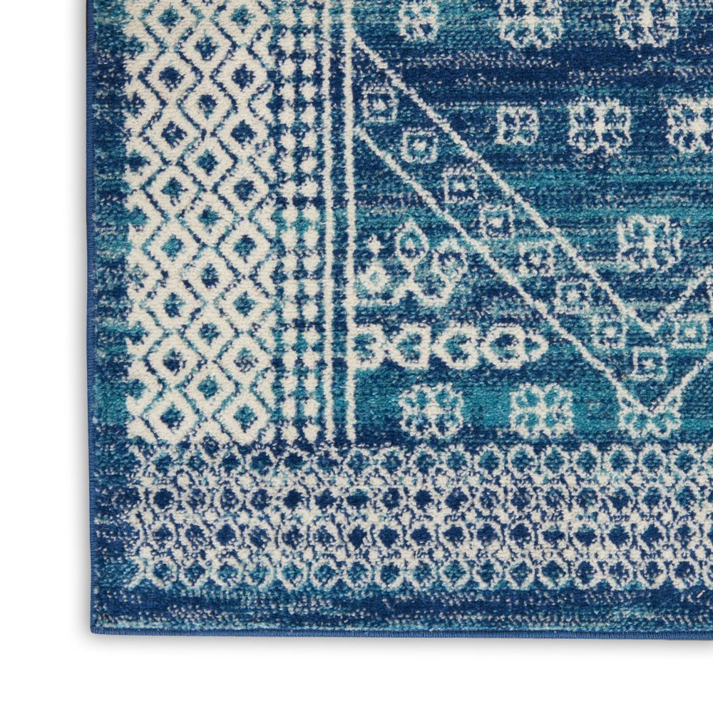 8' Navy Blue And Ivory Tribal Runner Rug