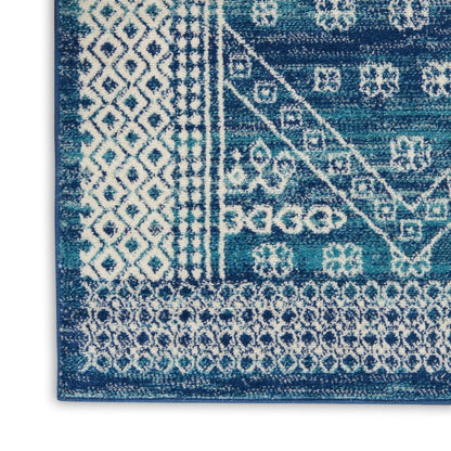 8' Navy Blue And Ivory Tribal Runner Rug