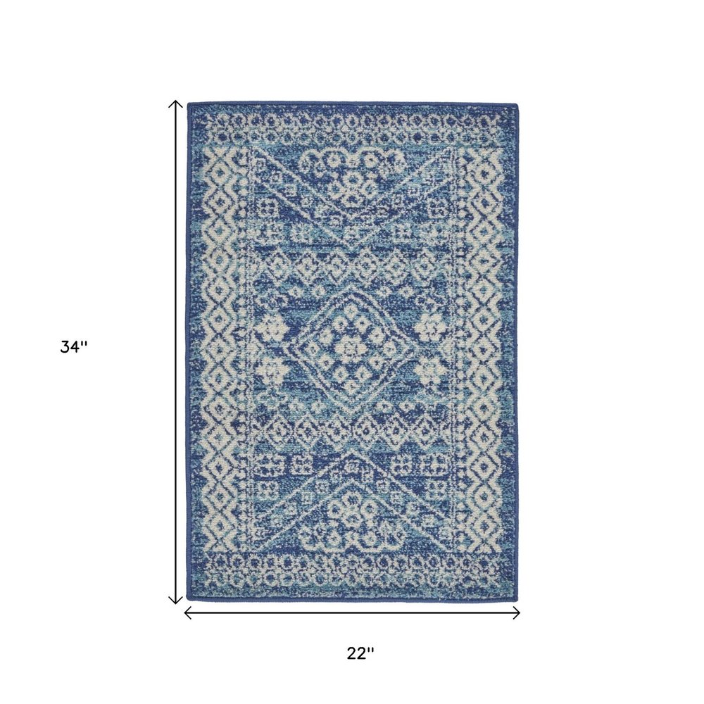 8' Navy Blue And Ivory Tribal Runner Rug