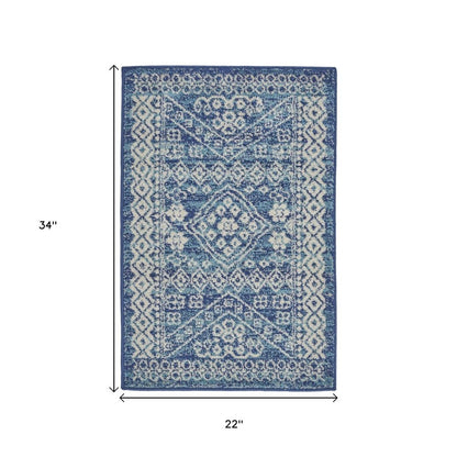 8' Navy Blue And Ivory Tribal Runner Rug