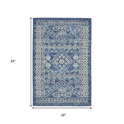 8' Navy Blue And Ivory Tribal Runner Rug