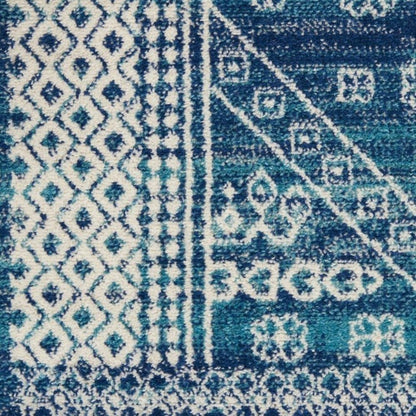 8' Navy Blue And Ivory Tribal Runner Rug