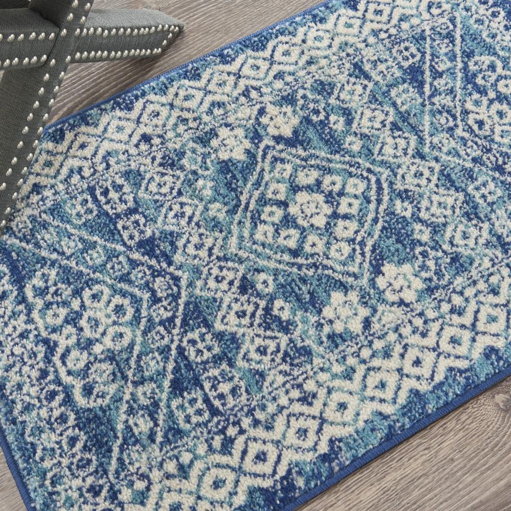 8' Navy Blue And Ivory Tribal Runner Rug