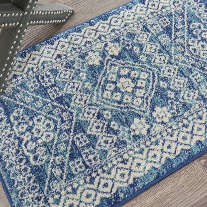 8' Navy Blue And Ivory Tribal Runner Rug