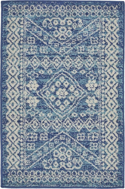 8' Navy Blue And Ivory Tribal Runner Rug