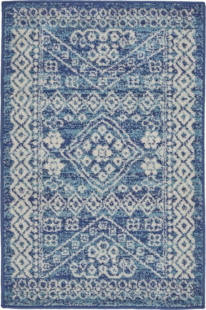 8' Navy Blue And Ivory Tribal Runner Rug