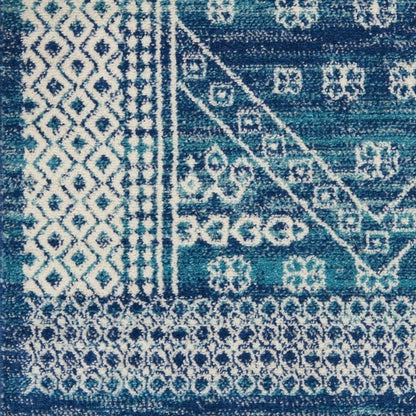 8' Navy Blue And Ivory Tribal Runner Rug