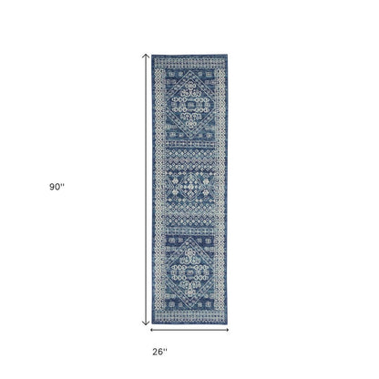 8' Navy Blue And Ivory Tribal Runner Rug