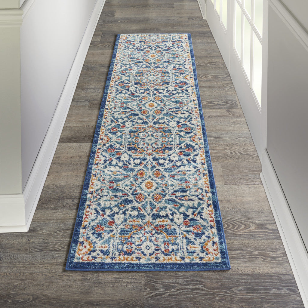 8' X 10' Blue And Ivory Floral Power Loom Area Rug