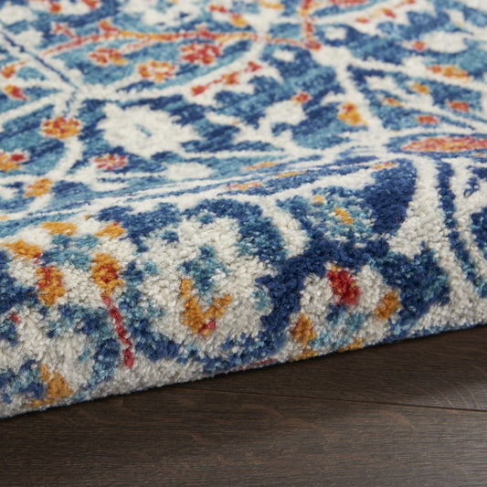 8' Blue And Ivory Floral Power Loom Runner Rug