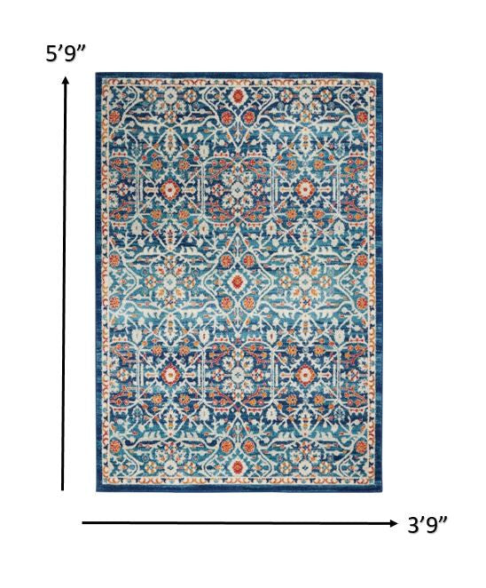 8' X 10' Blue And Ivory Floral Power Loom Area Rug