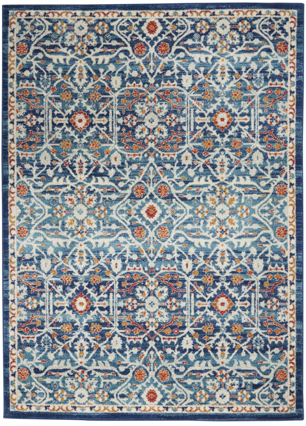 8' Blue And Ivory Floral Power Loom Runner Rug