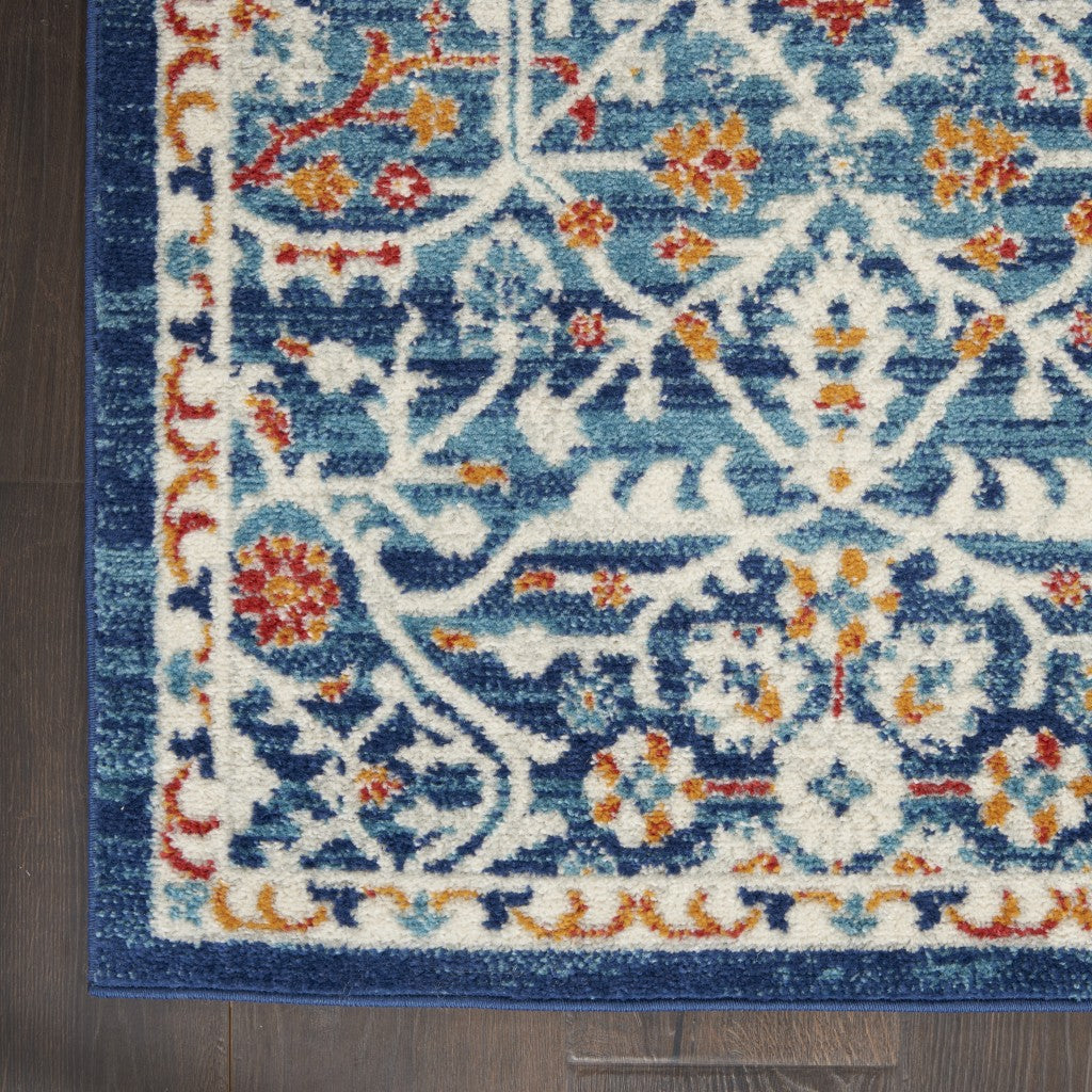 8' Blue And Ivory Floral Power Loom Runner Rug