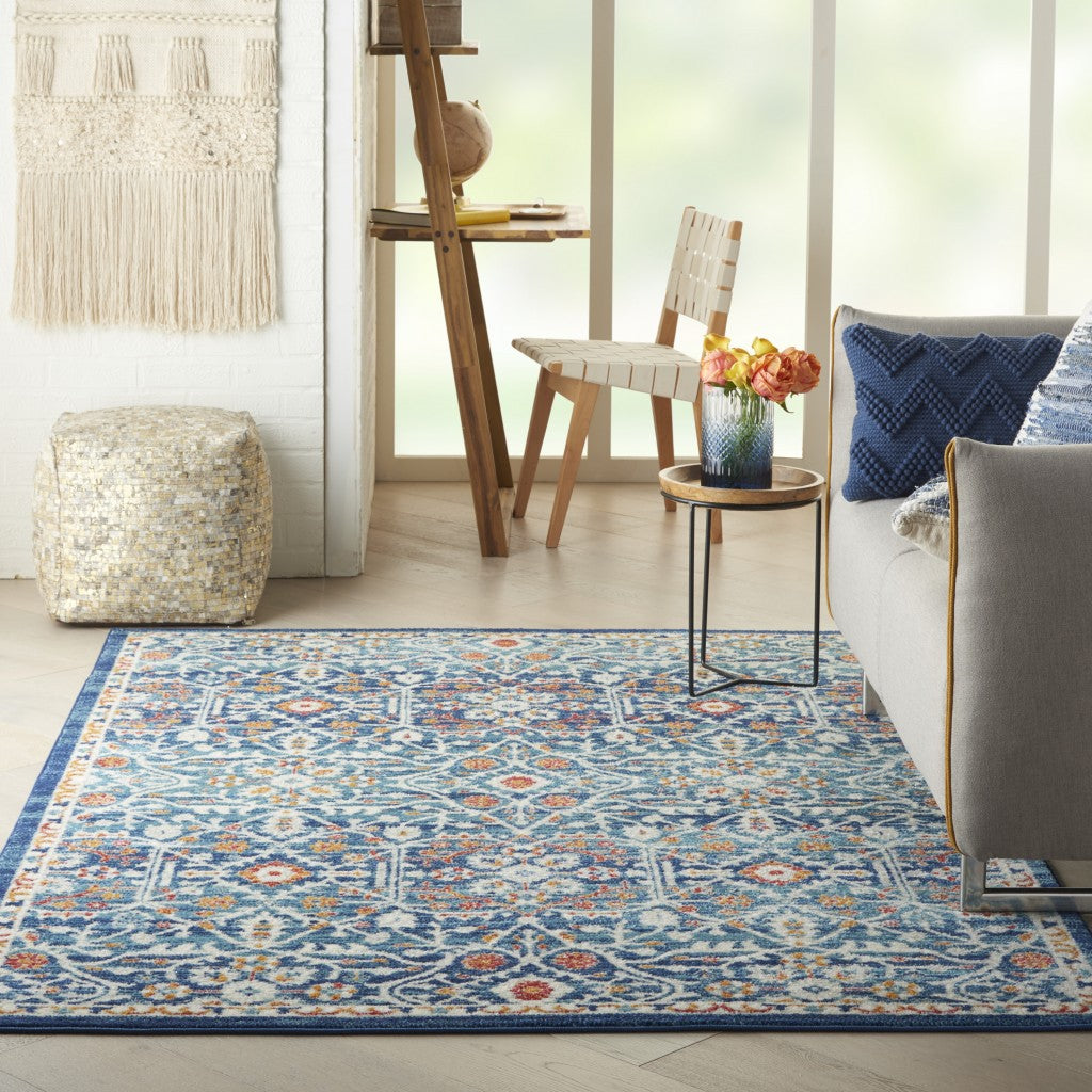 8' Blue And Ivory Floral Power Loom Runner Rug