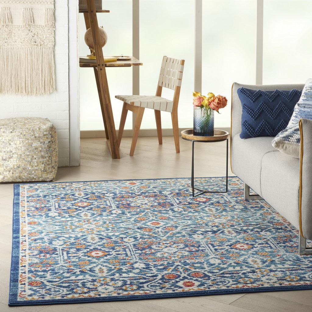 8' X 10' Blue And Ivory Floral Power Loom Area Rug