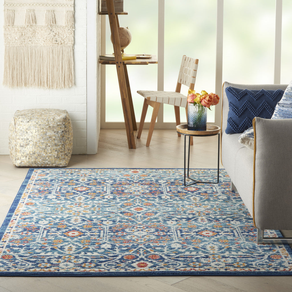 8' X 10' Blue And Ivory Floral Power Loom Area Rug