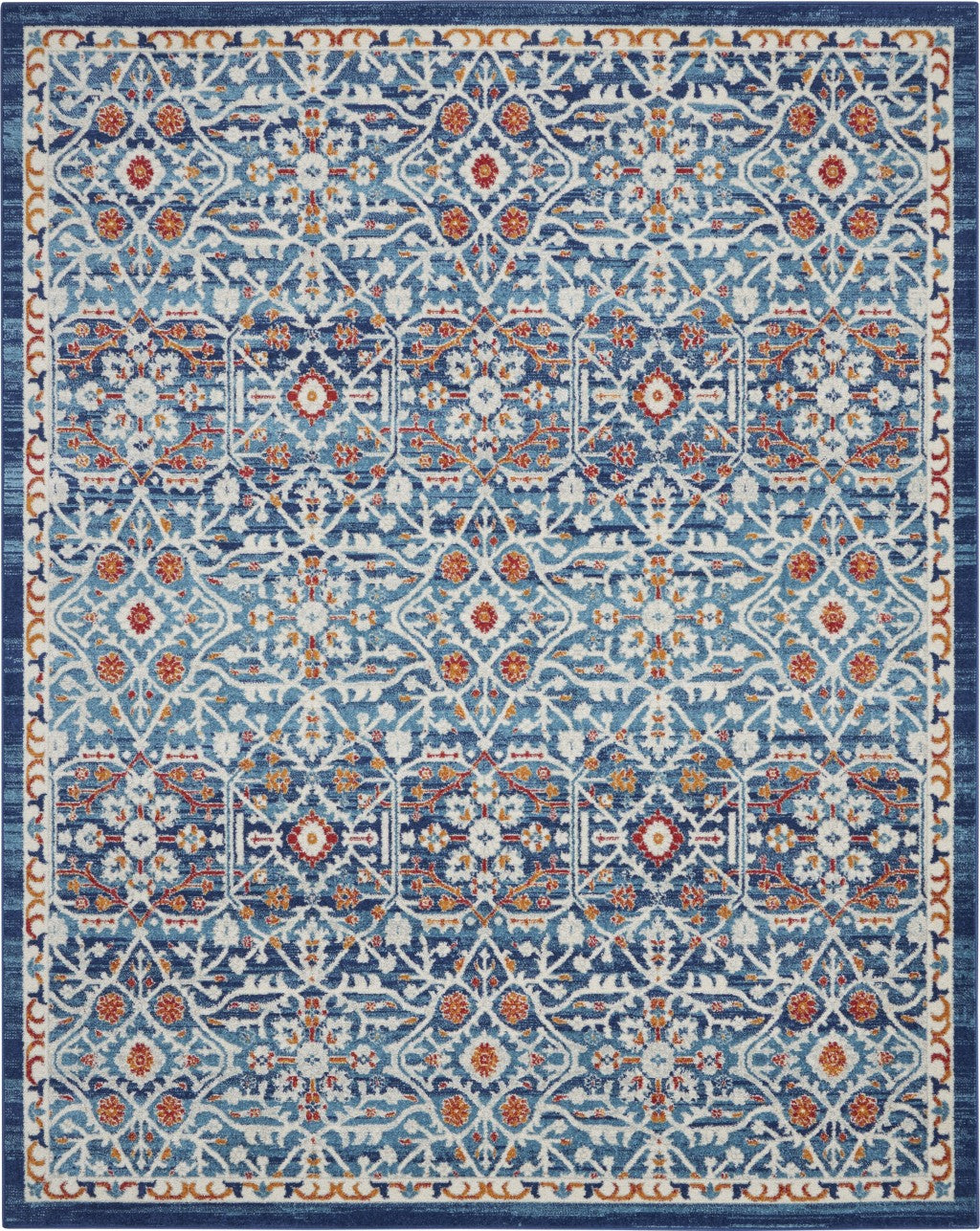 8' Blue And Ivory Floral Power Loom Runner Rug