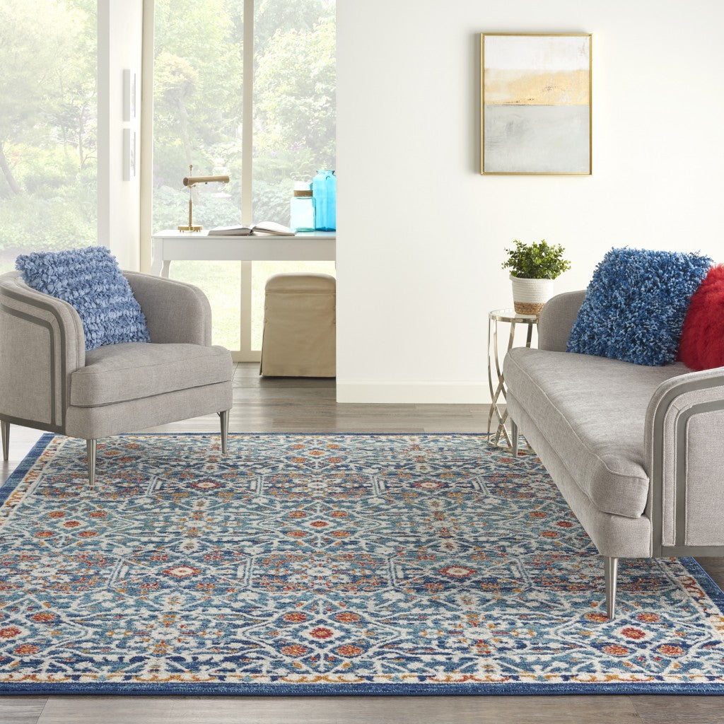 8' X 10' Blue And Ivory Floral Power Loom Area Rug