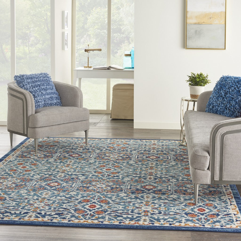 8' X 10' Blue And Ivory Floral Power Loom Area Rug