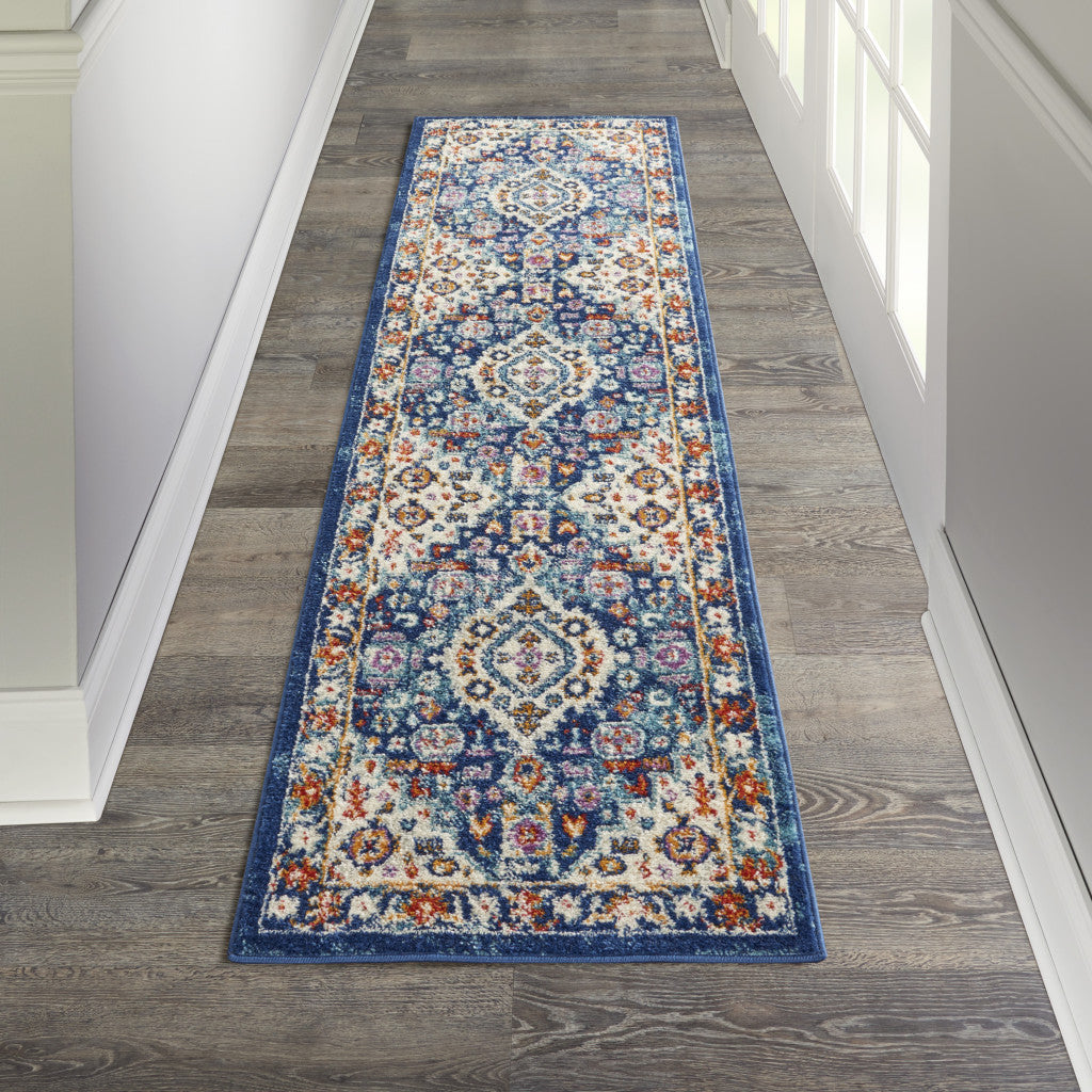 8' Blue And Ivory Power Loom Runner Rug