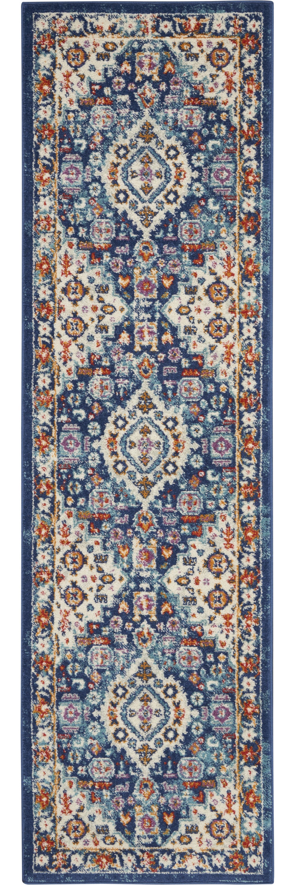 8' Blue And Ivory Power Loom Runner Rug