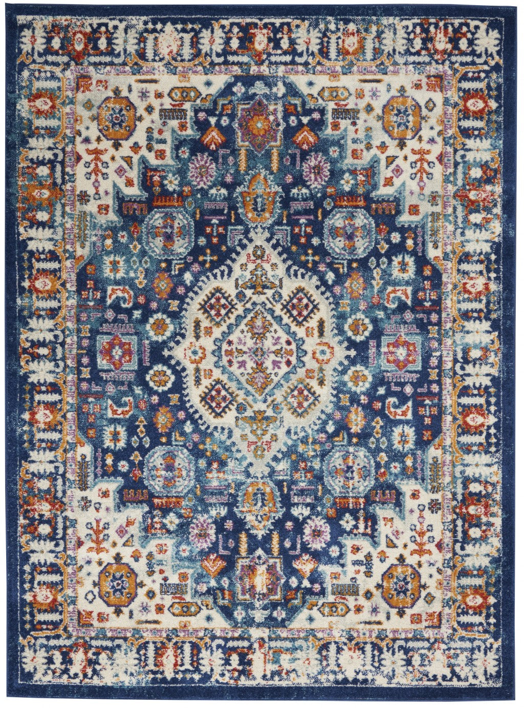 8' Blue And Ivory Power Loom Runner Rug