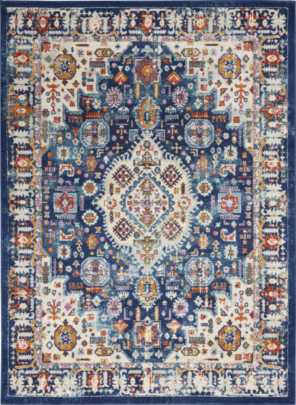 8' Blue And Ivory Power Loom Runner Rug