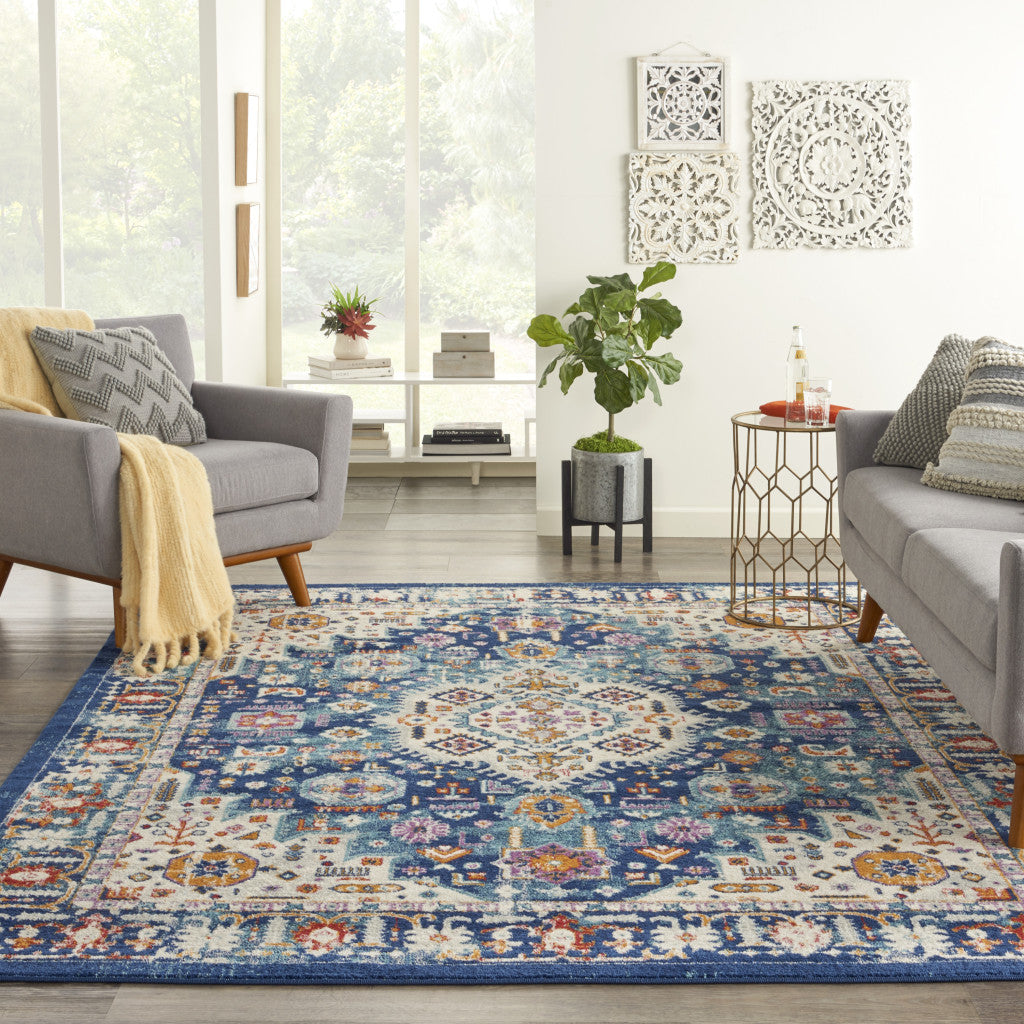 8' Blue And Ivory Power Loom Runner Rug