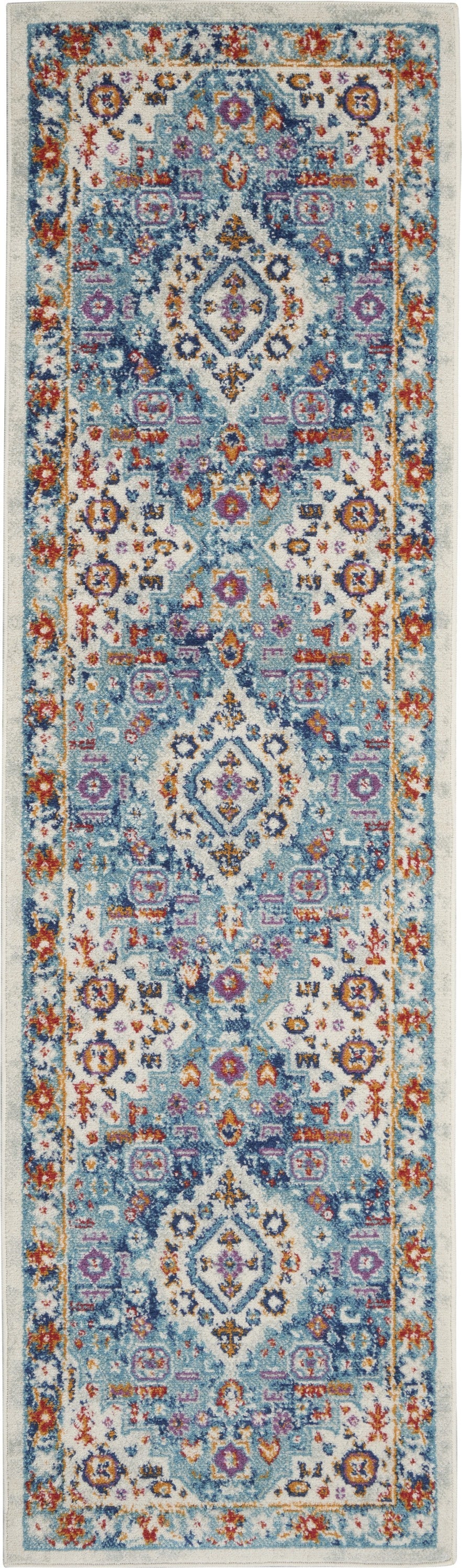 8' Blue And Ivory Power Loom Runner Rug