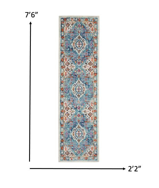 8' Blue And Ivory Power Loom Runner Rug