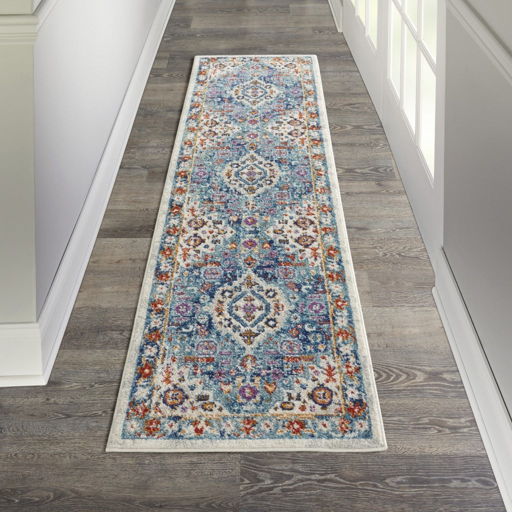 8' Blue And Ivory Power Loom Runner Rug