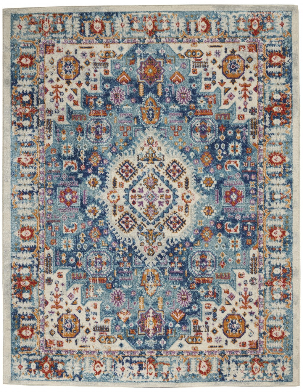 8' Blue And Ivory Power Loom Runner Rug