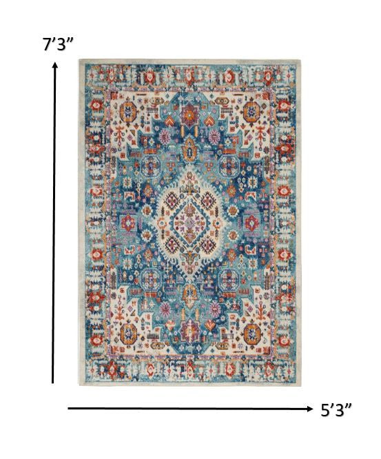 8' Blue And Ivory Power Loom Runner Rug