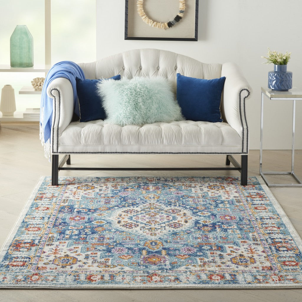 8' Blue And Ivory Power Loom Runner Rug