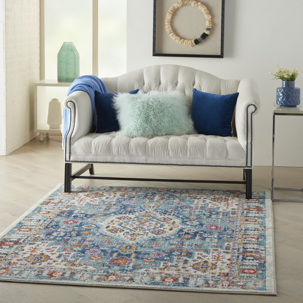 8' Blue And Ivory Power Loom Runner Rug