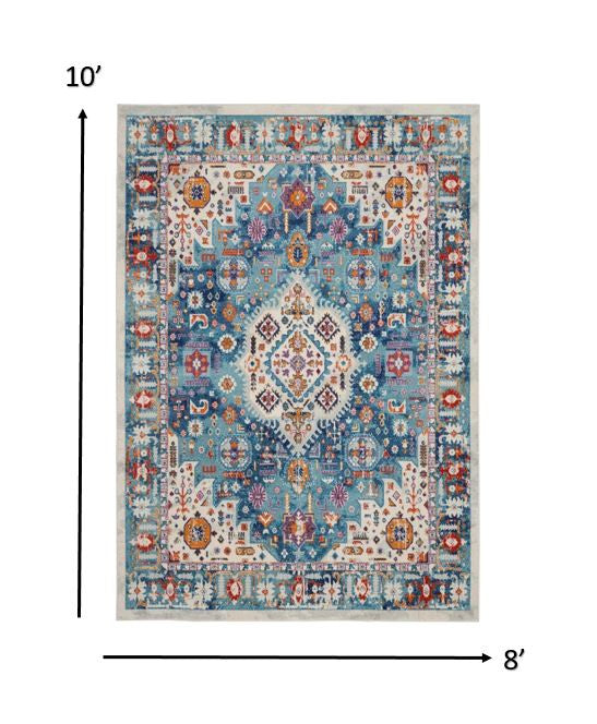 8' Blue And Ivory Power Loom Runner Rug