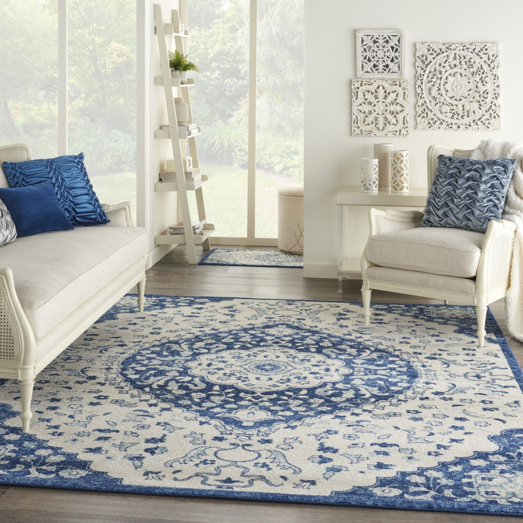 4' X 6' Blue And Ivory Power Loom Area Rug