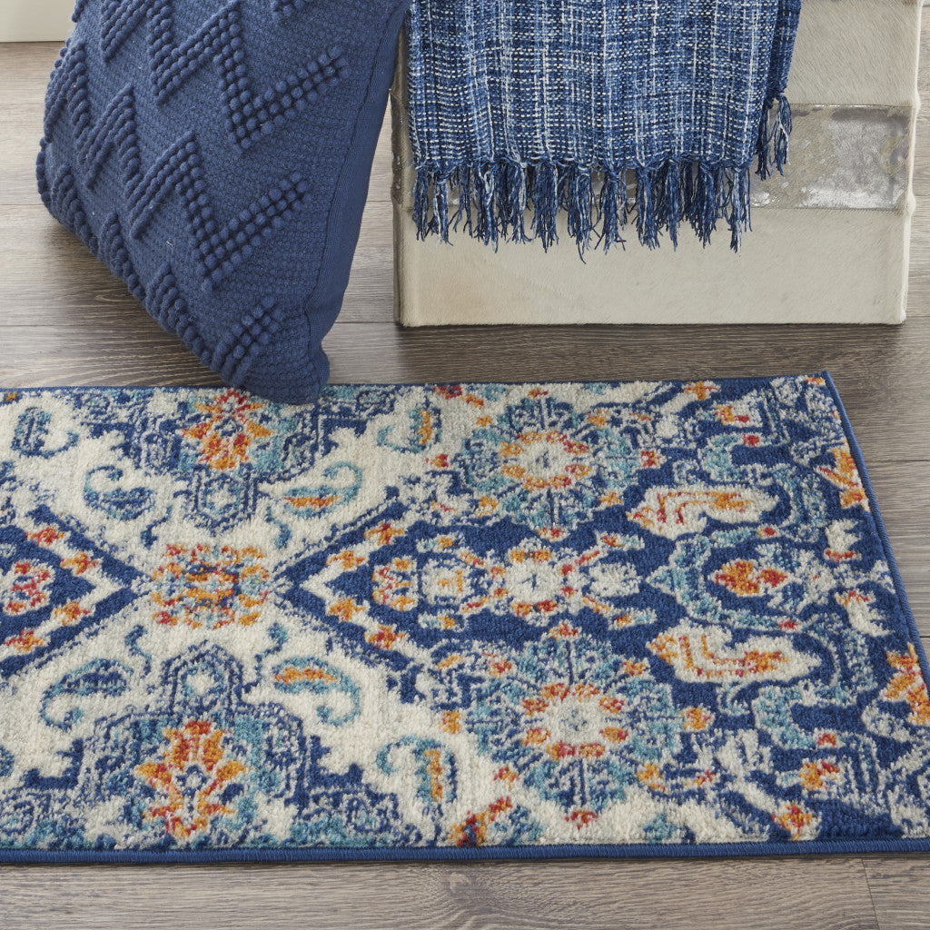 8' Blue And Ivory Floral Power Loom Runner Rug